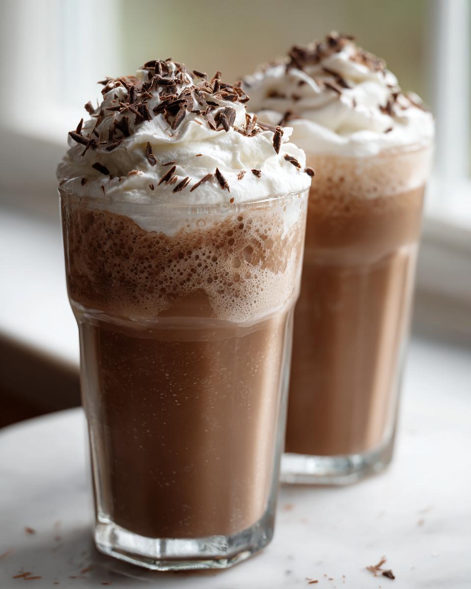 Two tall glasses filled with rich, blended frozen hot chocolate topped with whipped cream and chocolate shavings.