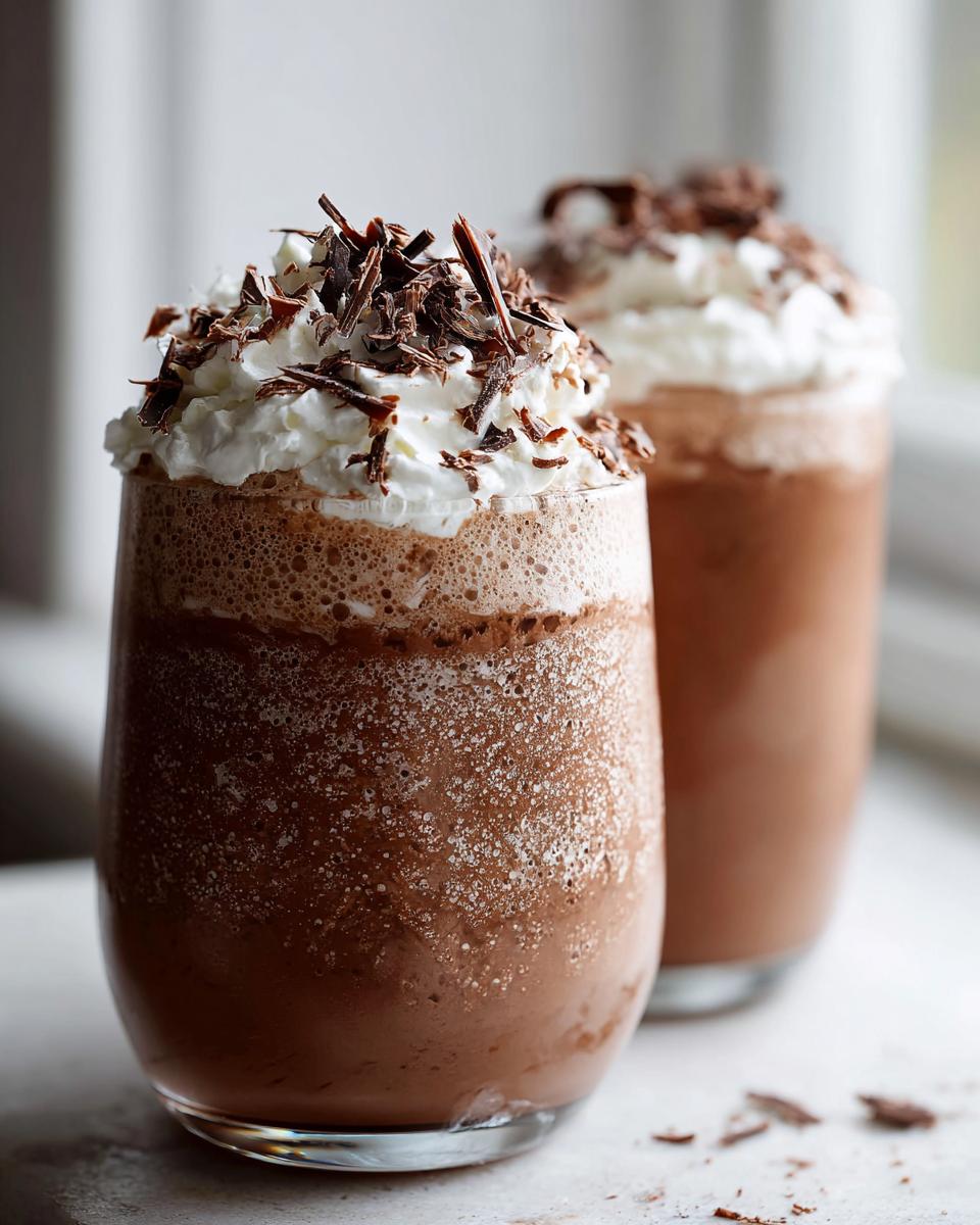 Two glasses of rich, blended frozen hot chocolate topped with whipped cream and chocolate shavings.