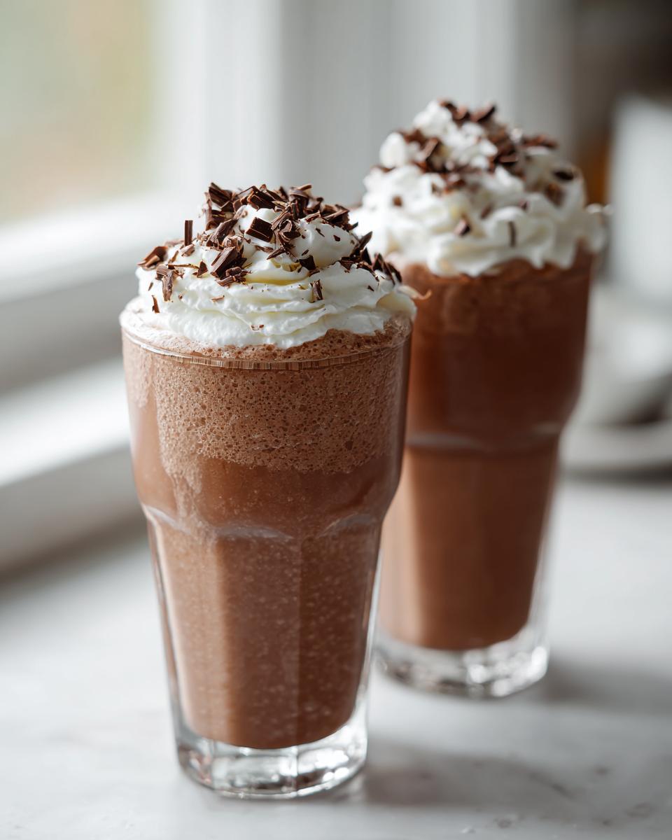 Two tall glasses filled with blended frozen hot chocolate, topped with whipped cream and chocolate shavings.
