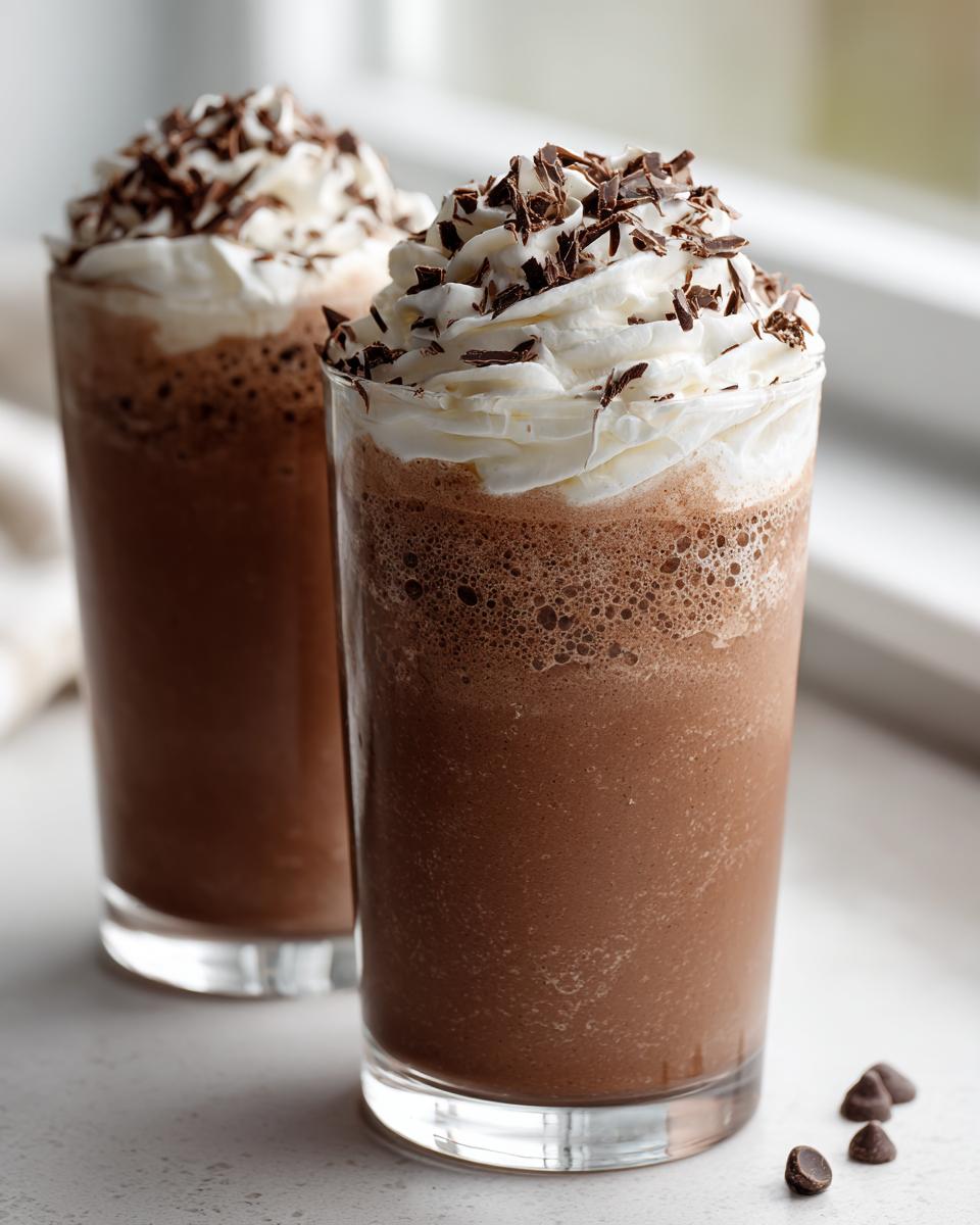 Two tall glasses filled with blended frozen hot chocolate, topped with whipped cream and chocolate shavings.