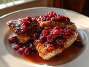 Close-up of three pan-seared chicken breasts topped with glossy cranberry sauce, featuring the cranberry chicken recipe.