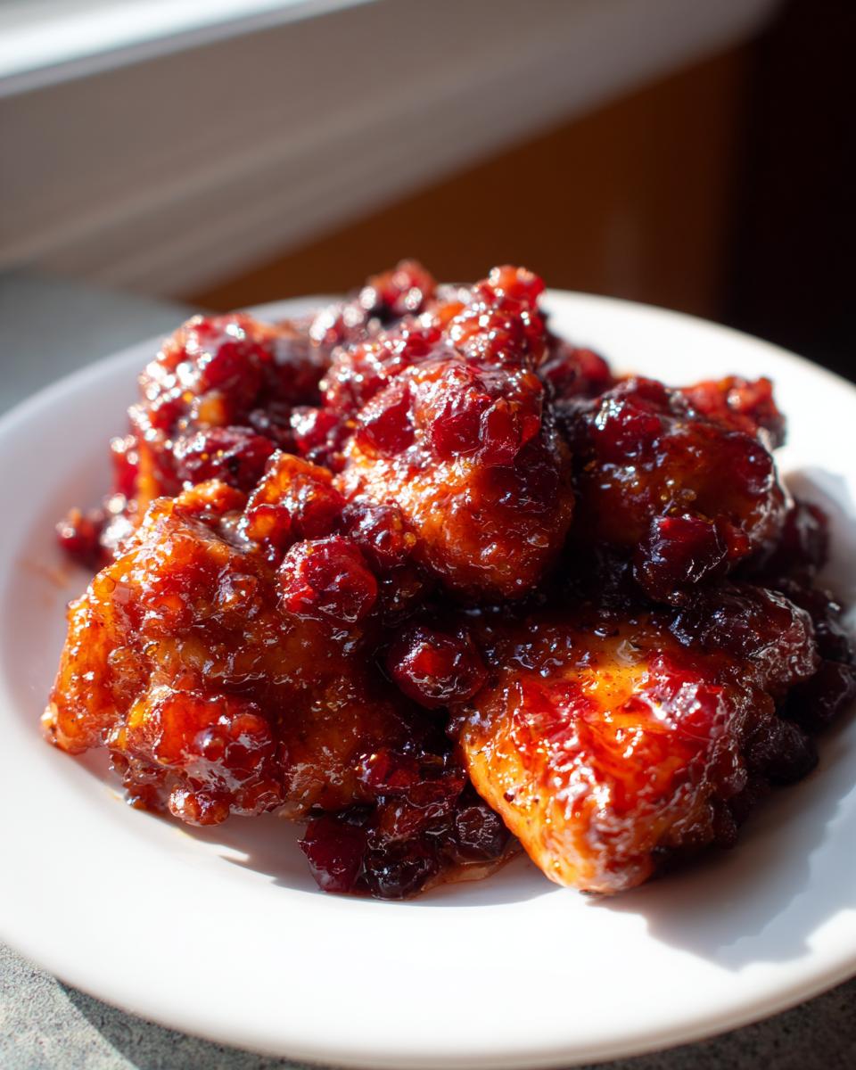 Close-up of tender chicken pieces coated in a thick, glossy, dark red cranberry sauce, representing the 4 ingredient cranberry chicken.