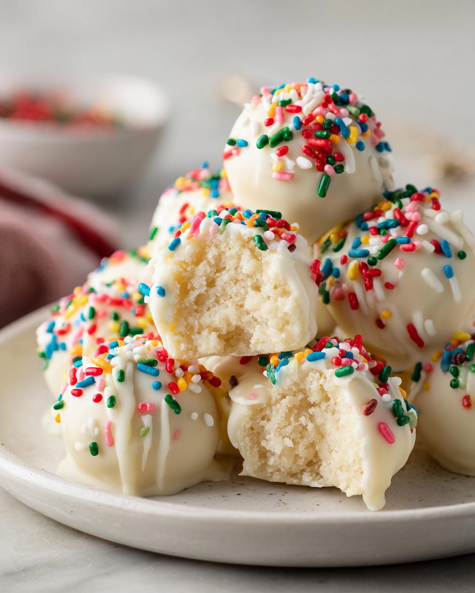 A stack of white chocolate-covered sugar cookie truffles topped with colorful sprinkles, one is bitten into.