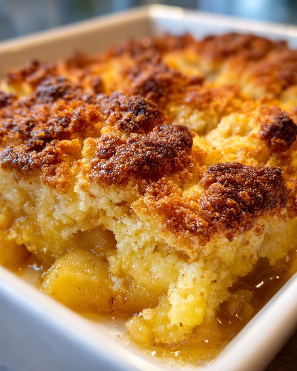 Close-up of a freshly baked apple cobbler showing caramelized, crunchy topping over soft, syrupy apples.