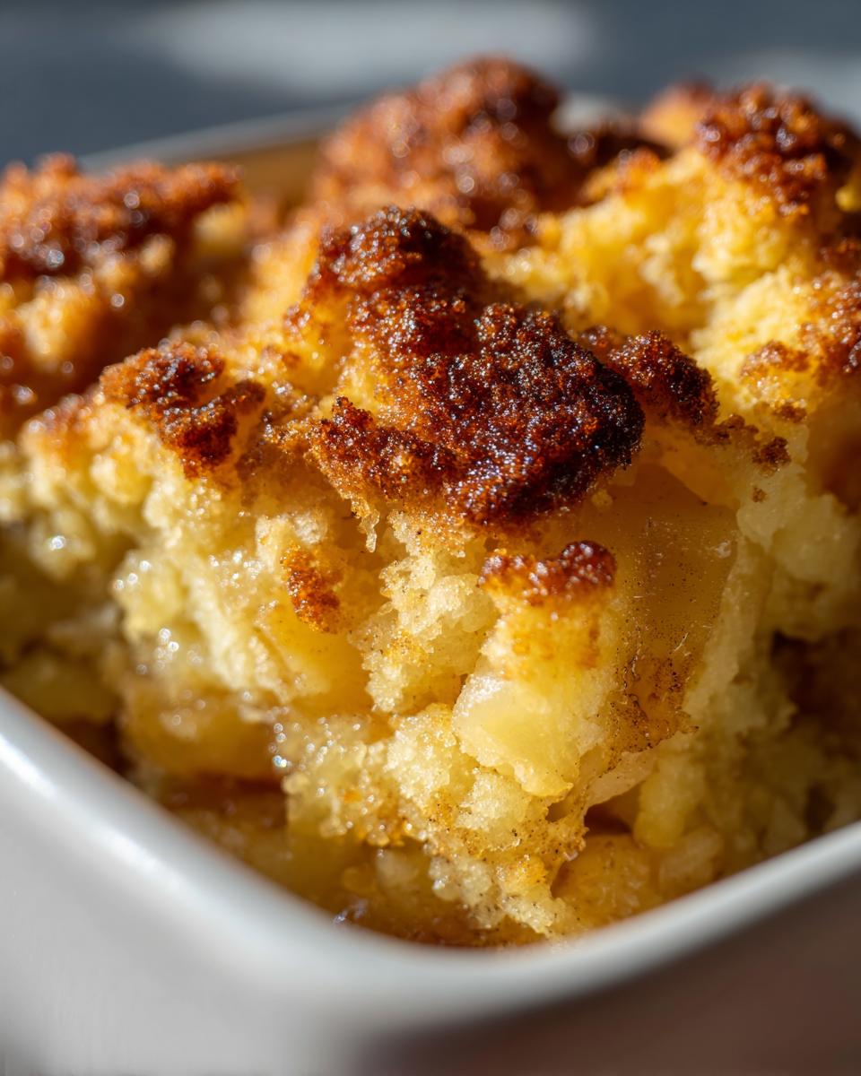 Macro shot of a serving of warm apple cobbler showing caramelized brown topping and soft, syrupy apple filling.