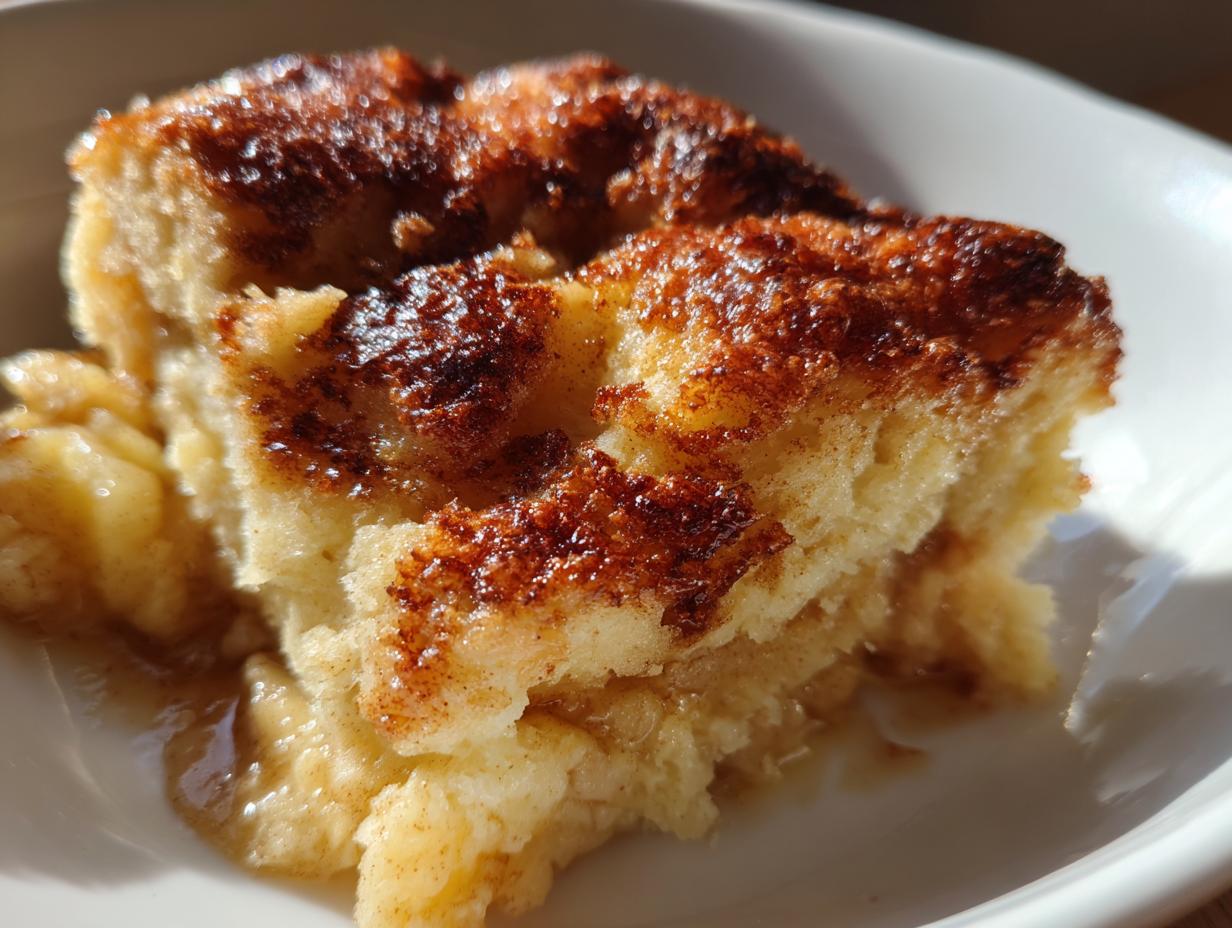 A close-up view of a warm, moist serving of apple cobbler with a caramelized, cinnamon-sugar top.