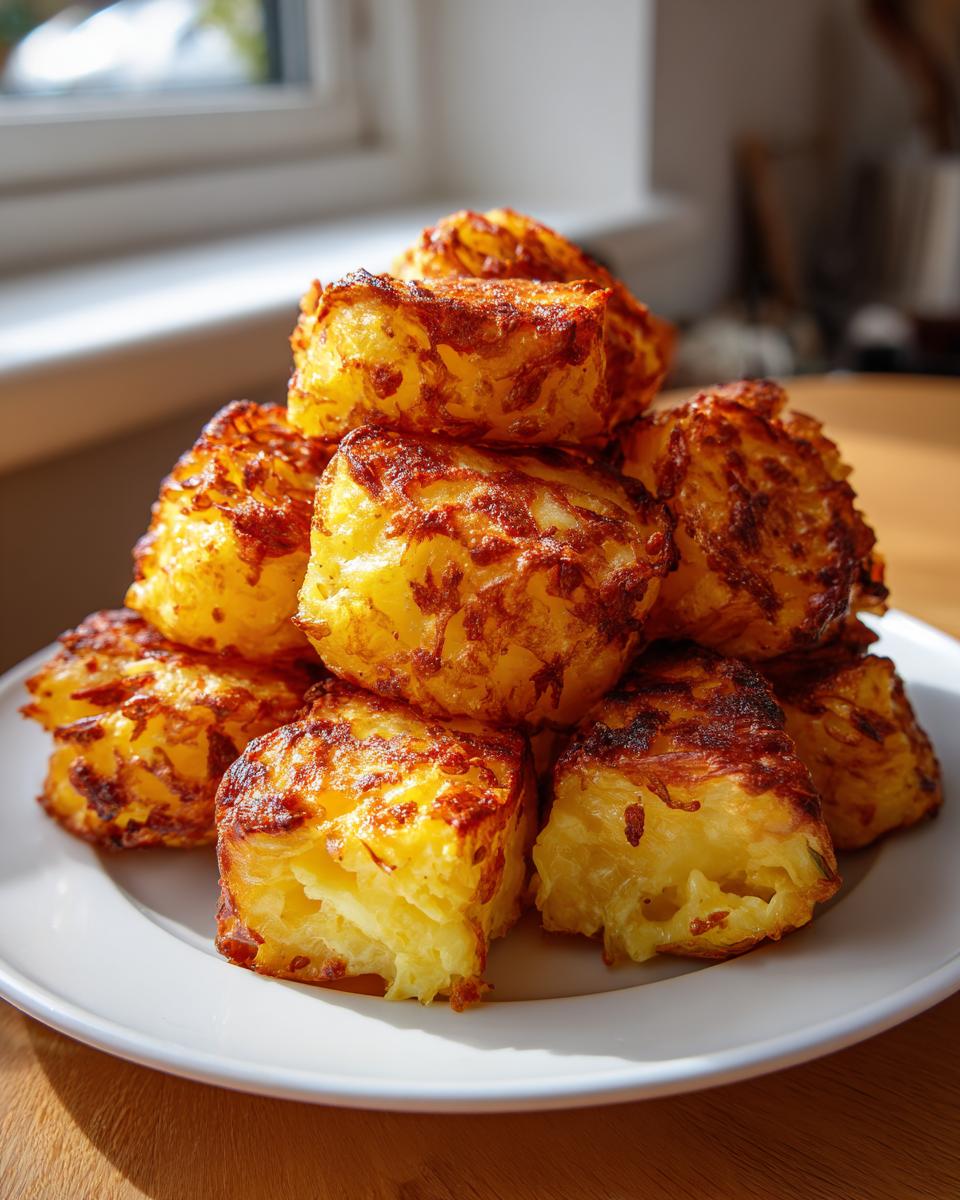 A stack of crispy, golden brown air fryer potato wedges with a cheesy exterior on a white plate.