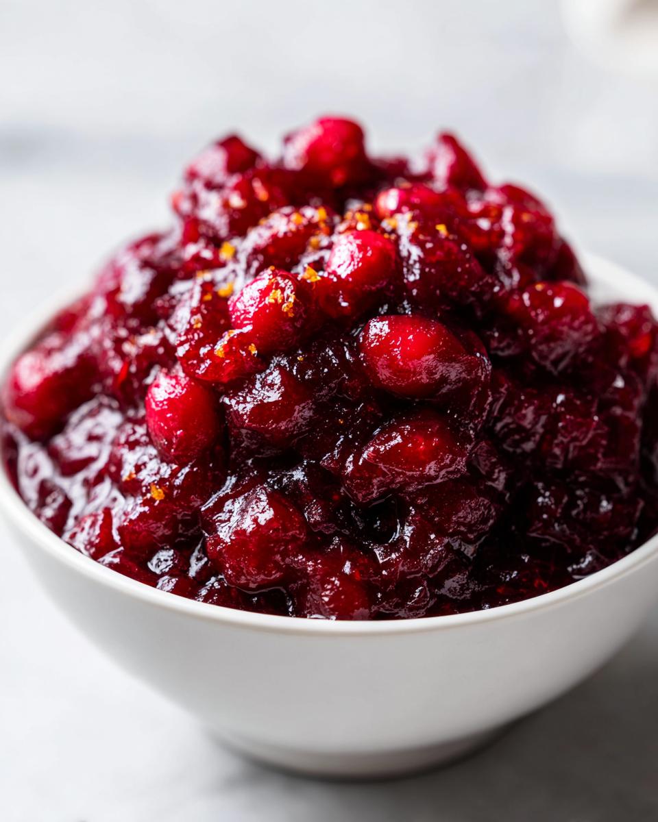 Close-up of chunky, homemade cranberry sauce topped with orange zest in a white bowl.