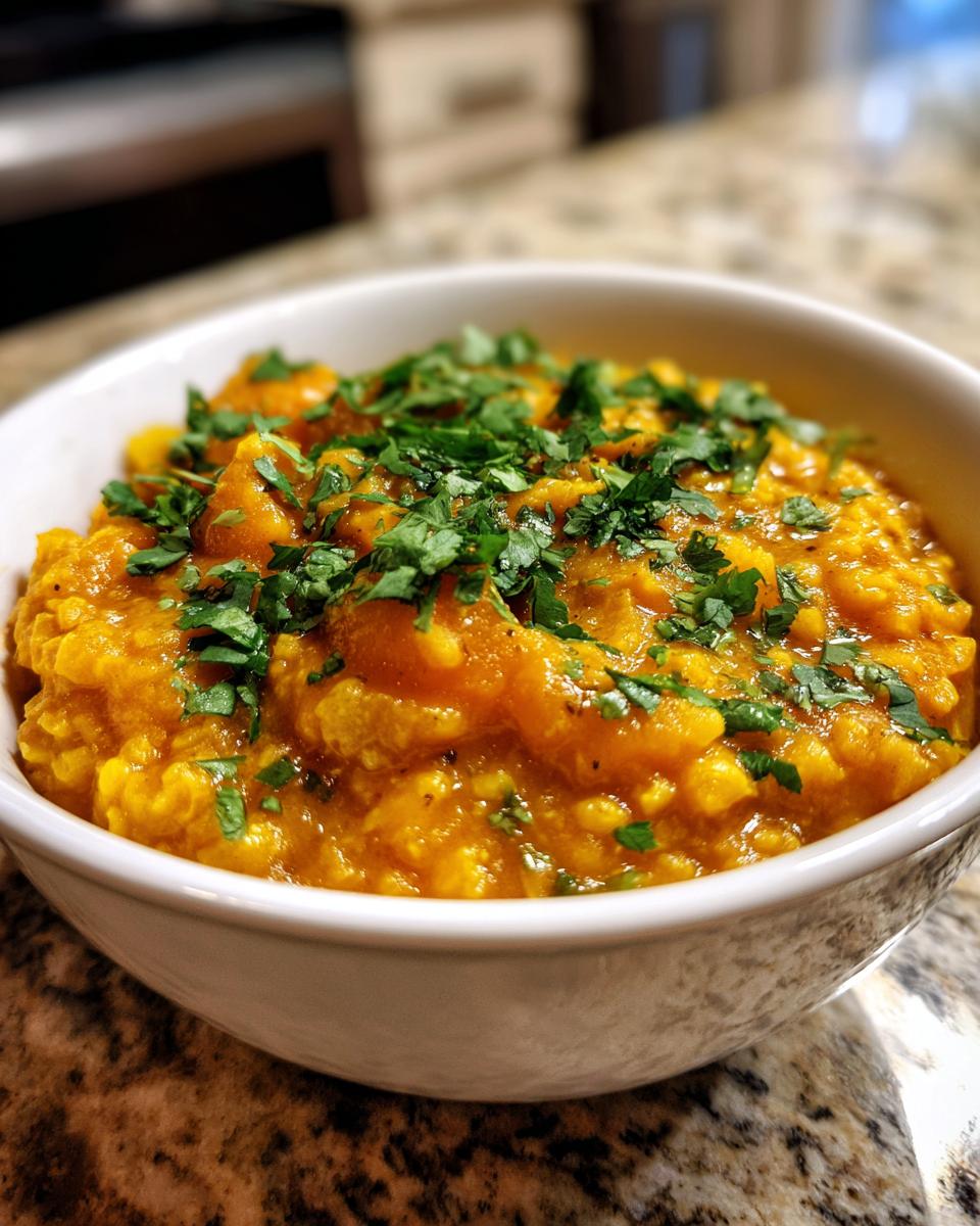 Close-up of a white bowl filled with vibrant orange pumpkin curry, topped with fresh chopped cilantro.