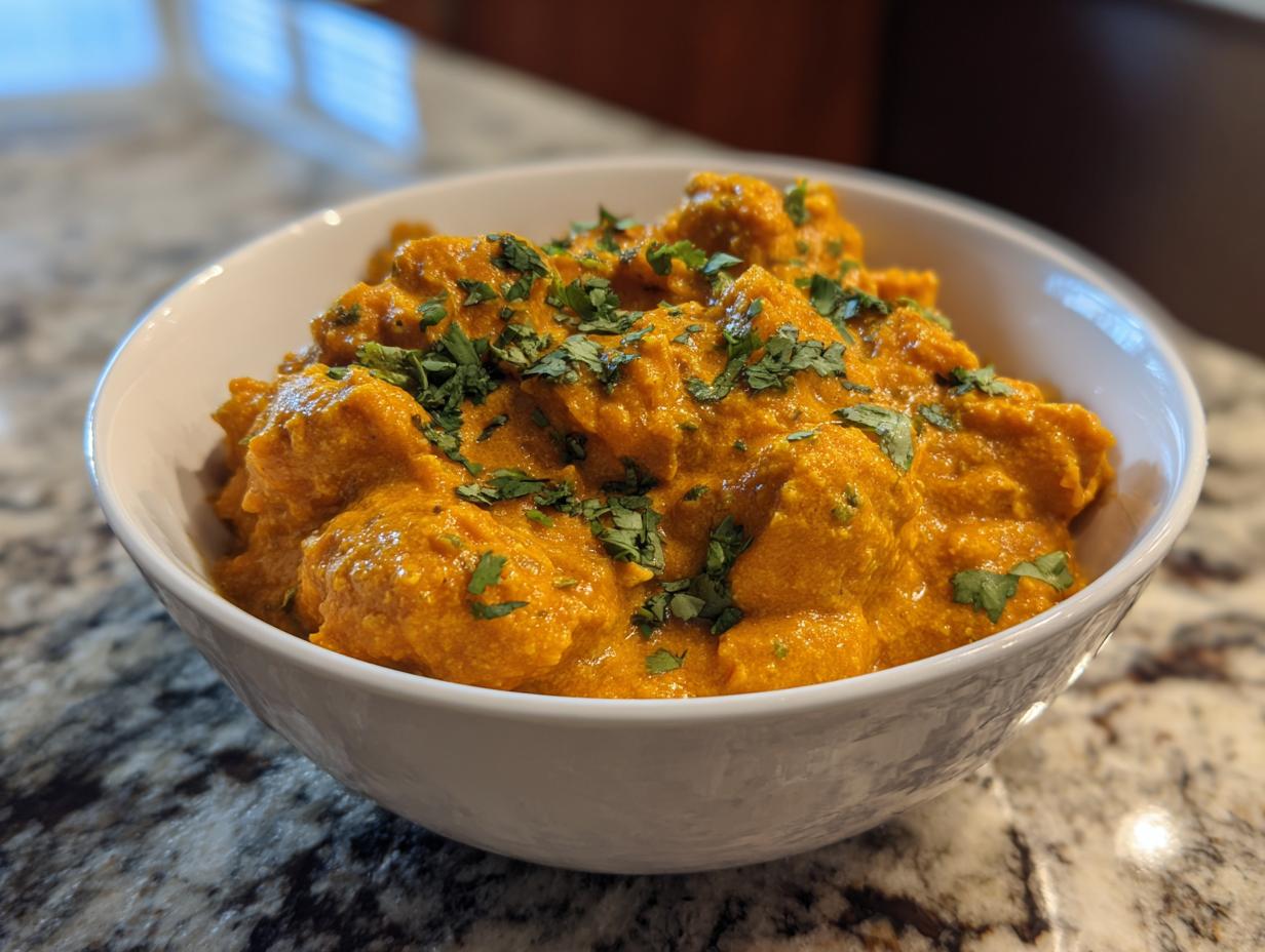 A close-up of a white bowl filled with rich, orange pumpkin curry, garnished with fresh cilantro.