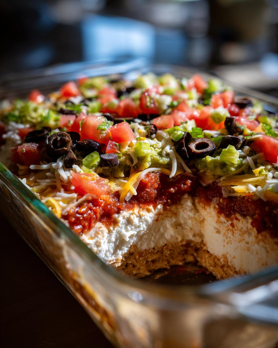 A close-up view of a delicious 7 layer dip in a glass dish, showing layers of cream cheese, salsa, cheese, guacamole, tomatoes, and olives.