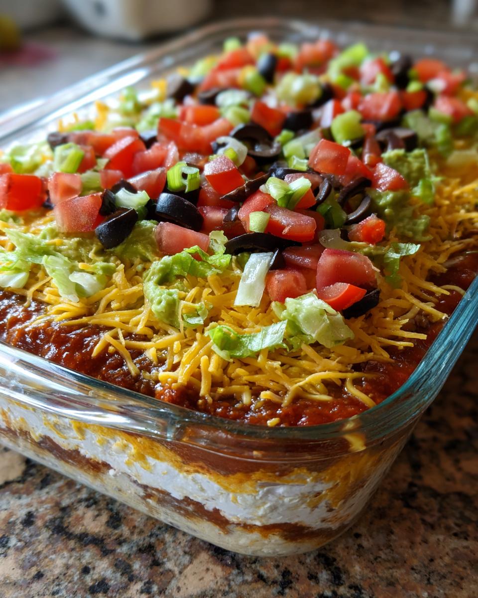 A vibrant, fully assembled 7 layer dip featuring layers of cream cheese, salsa, cheese, guacamole, lettuce, tomatoes, and olives.