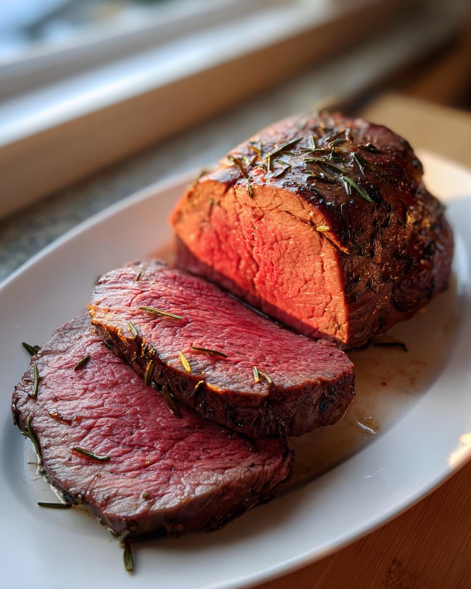 A beautifully roasted beef tenderloin, partially sliced to show the medium-rare interior and rosemary crust.