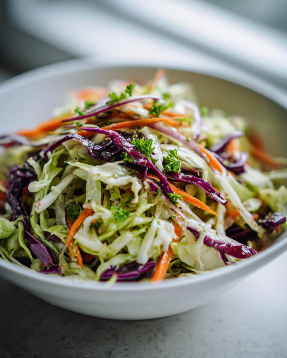 A close-up view of a vibrant cabbage salad featuring shredded green and purple cabbage, carrots, and parsley garnish.