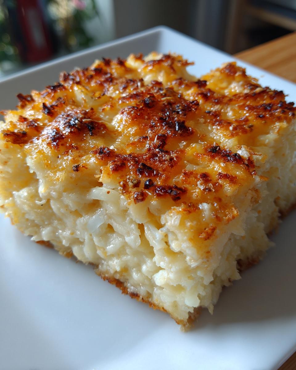 A square slice of cheesy potato bake served on a white plate, featuring a deeply browned, bubbly cheese topping.