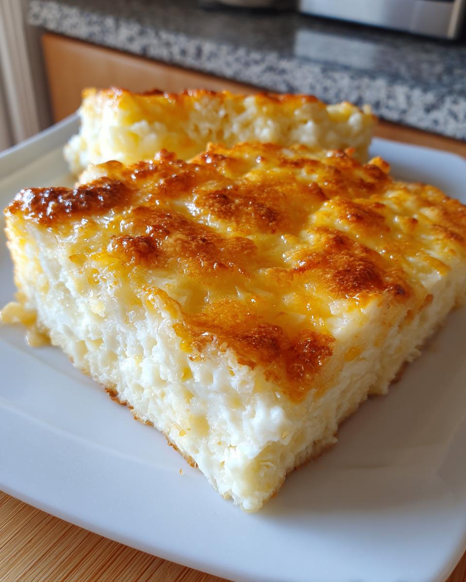 Two slices of amazing cheesy potato bake served on a white plate, featuring a thick, creamy interior and a golden-brown, bubbly cheese crust.
