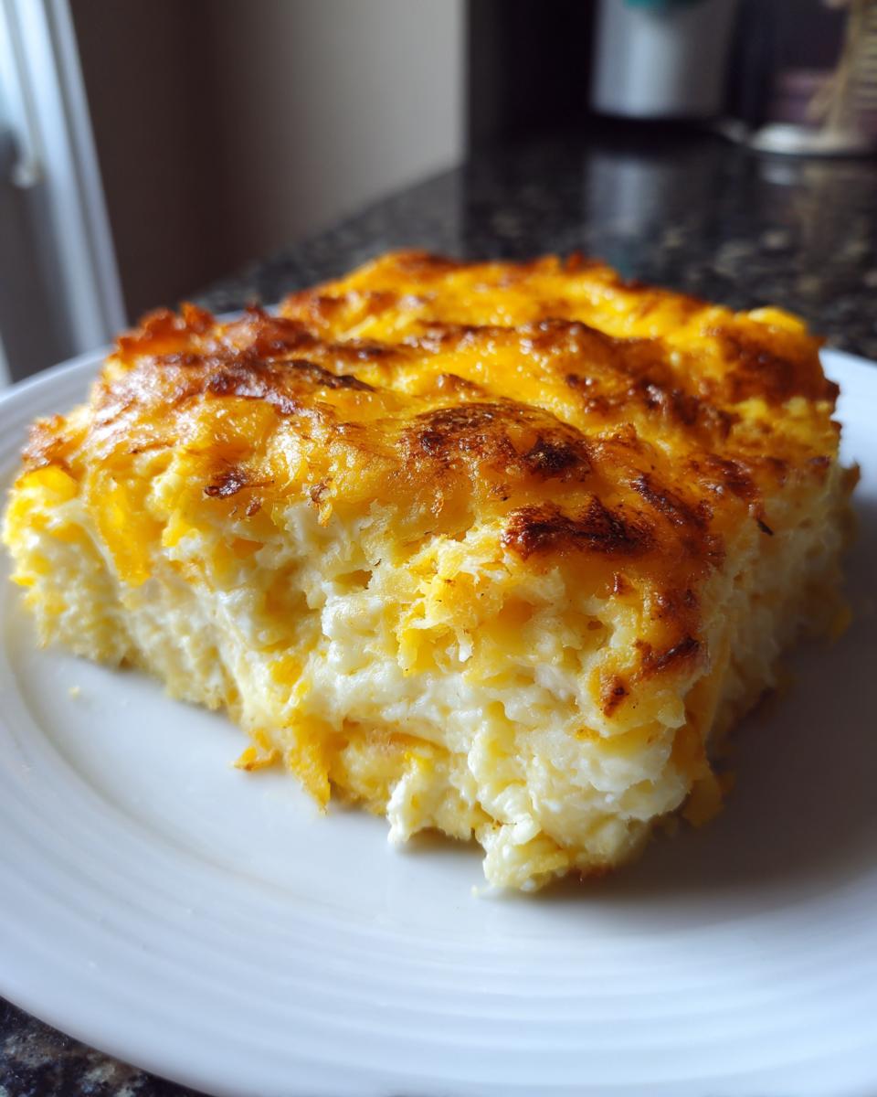 A generous square serving of amazing cheesy potato bake with a bubbly, golden brown cheese crust.