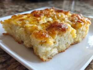 A thick, square slice of amazing cheesy potato bake with shredded potatoes and a golden, bubbly cheese topping.