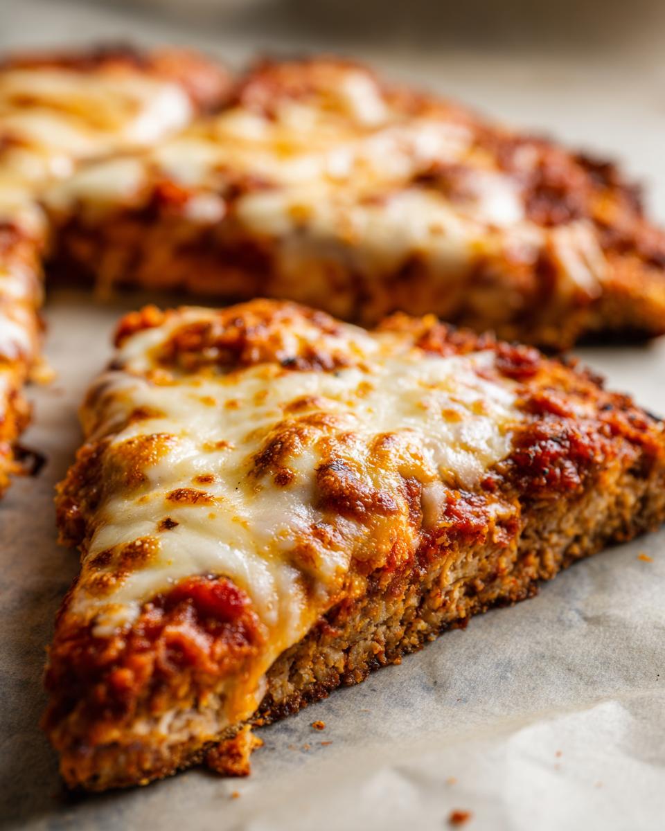 Close-up of a slice of chicken crust pizza showing the thick, textured crust topped with rich sauce and bubbly, melted mozzarella cheese.