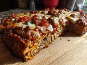 A thick slice of pizza made with a dense chicken crust pizza base, topped with sauce, cheese, and sausage.