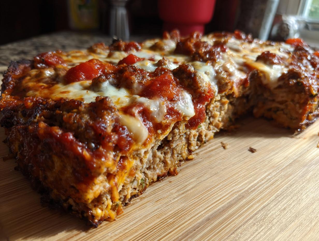 A thick slice of pizza made with a dense chicken crust pizza base, topped with sauce, cheese, and sausage.