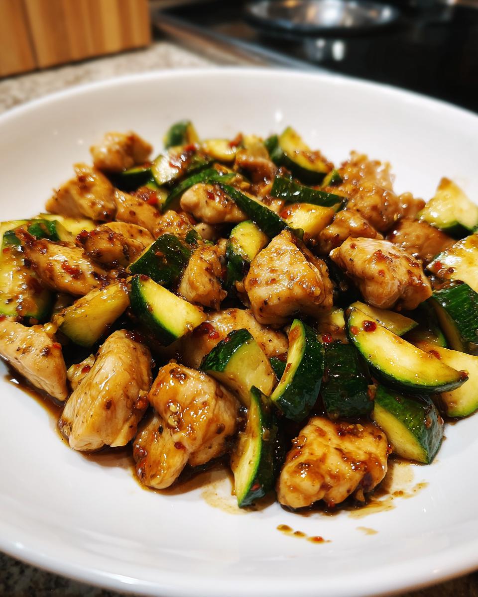 Close-up of bite-sized chicken pieces and sliced zucchini coated in a savory sauce in a white bowl, featuring the chicken zucchini stir fry.