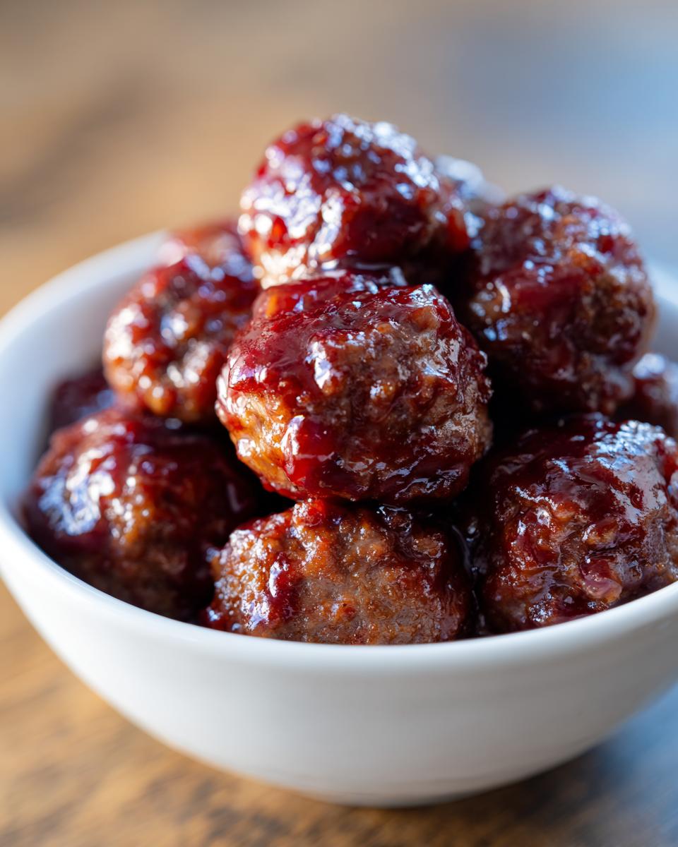 Close-up of glossy, saucy cocktail meatballs piled high in a small white bowl.