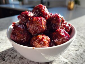 Close-up of glistening cocktail meatballs coated in a thick, dark red sauce, served in a white bowl.
