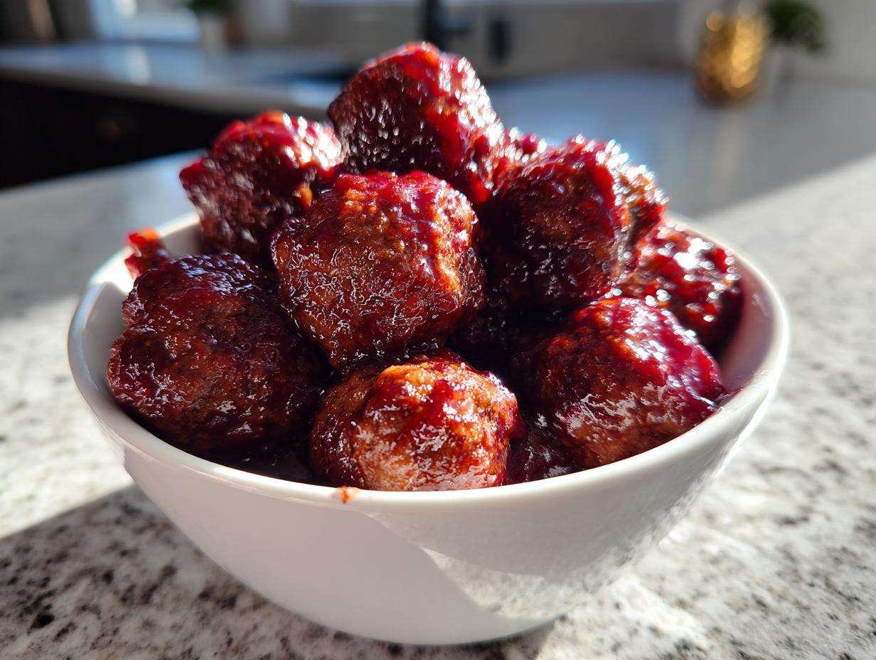 Close-up of glistening cocktail meatballs coated in a thick, dark red sauce, served in a white bowl.