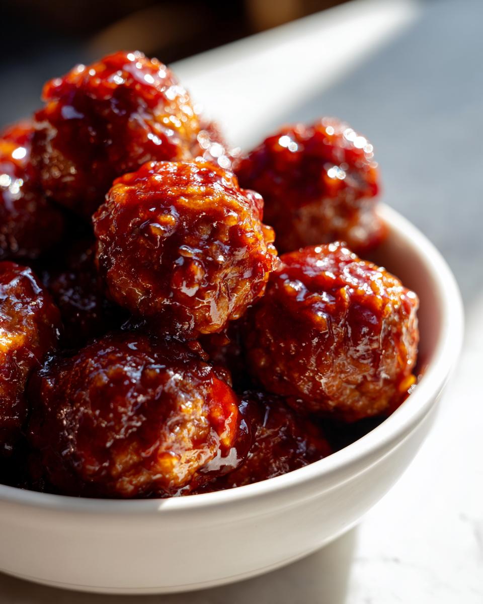 Close-up of several glazed cocktail meatballs piled high in a small white bowl, glistening under bright light.