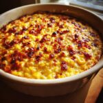 Close-up of a baked corn dip with cream cheese, featuring golden corn kernels and crispy bacon bits on top.
