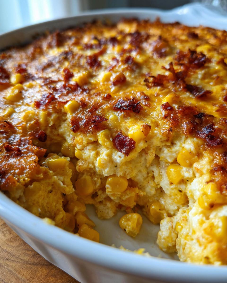 Close-up of a scoop taken from a baked corn dip with cream cheese, showing creamy texture and crispy bacon bits.