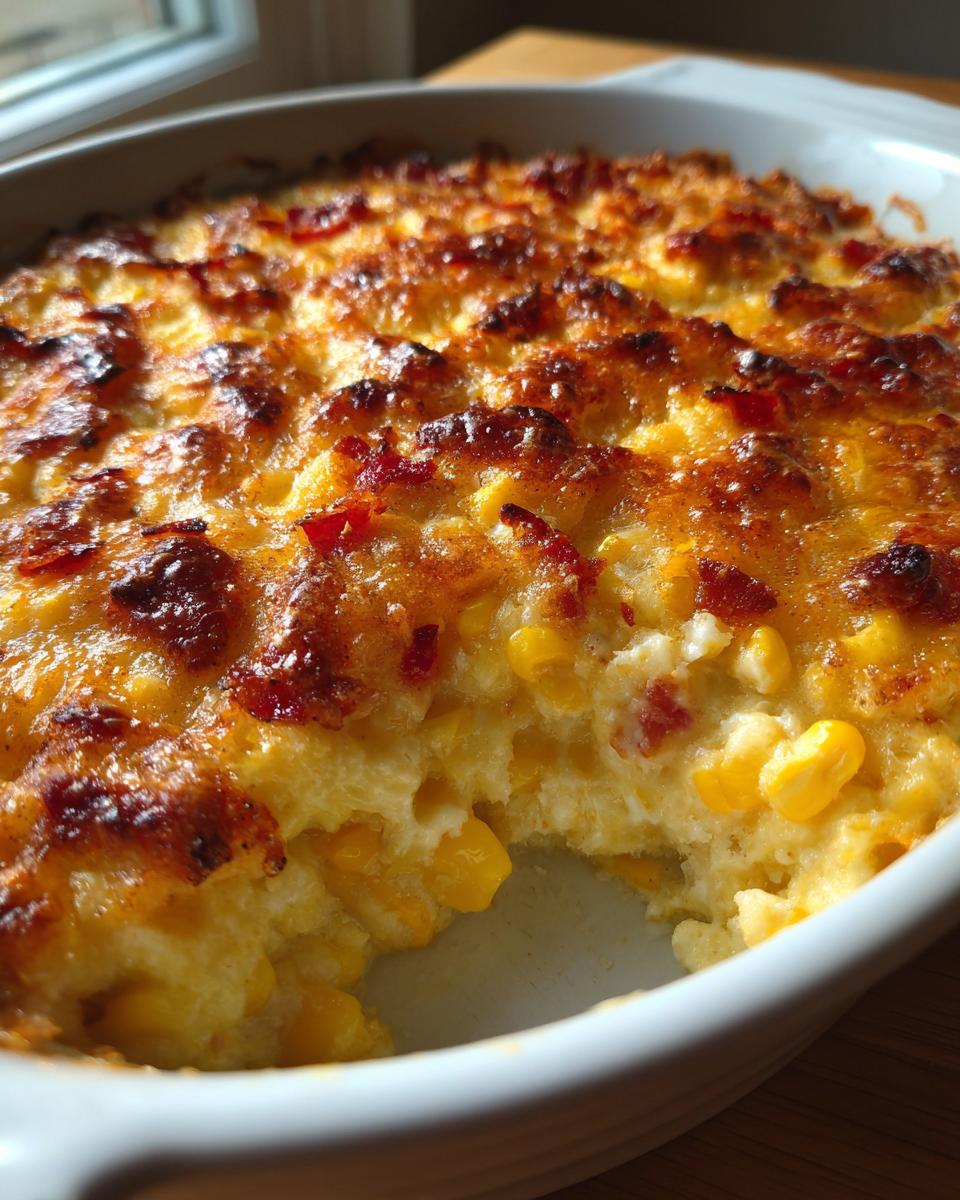 Close-up of baked corn dip with cream cheese, showing a golden-brown, bubbly top and whole corn kernels.