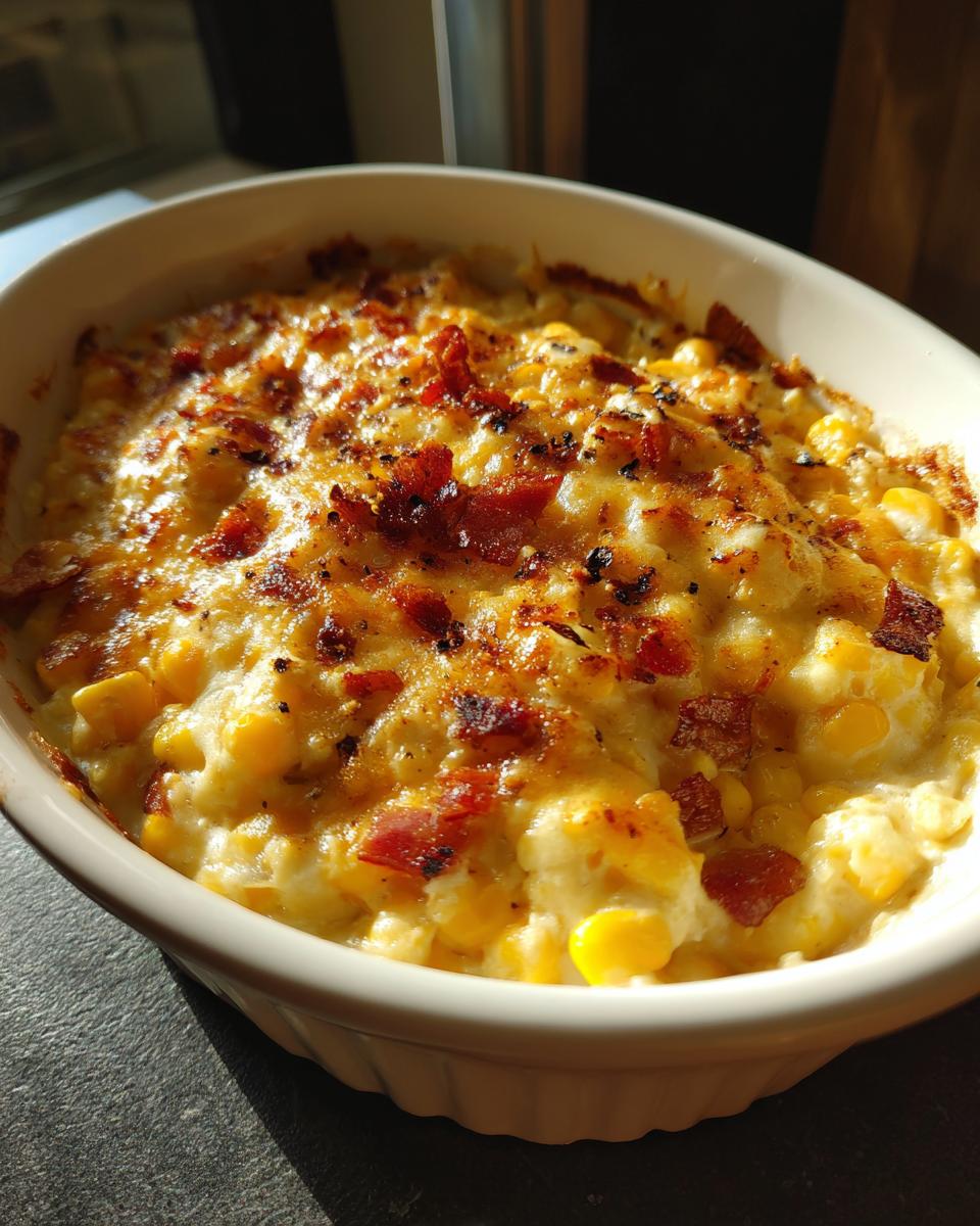 Close-up of a hot, bubbly corn dip with cream cheese, topped with melted cheese and crispy bacon pieces.