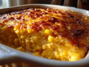 Close-up of a baked corn dip with cream cheese, featuring whole kernels and a richly browned, bubbly top.