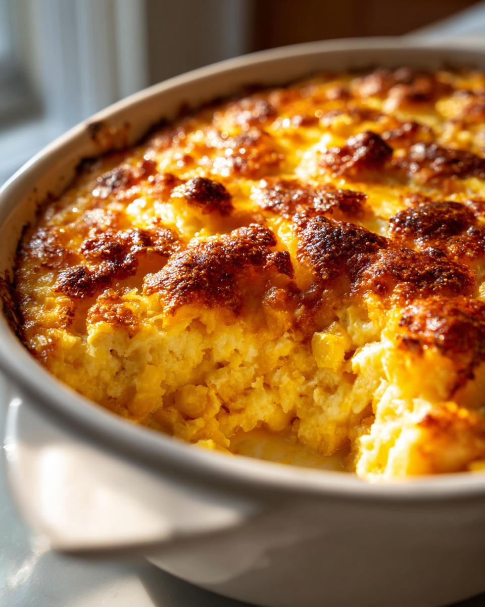 Close-up of a hot, baked corn dip with cream cheese showing a golden-brown, bubbly top in a white dish.
