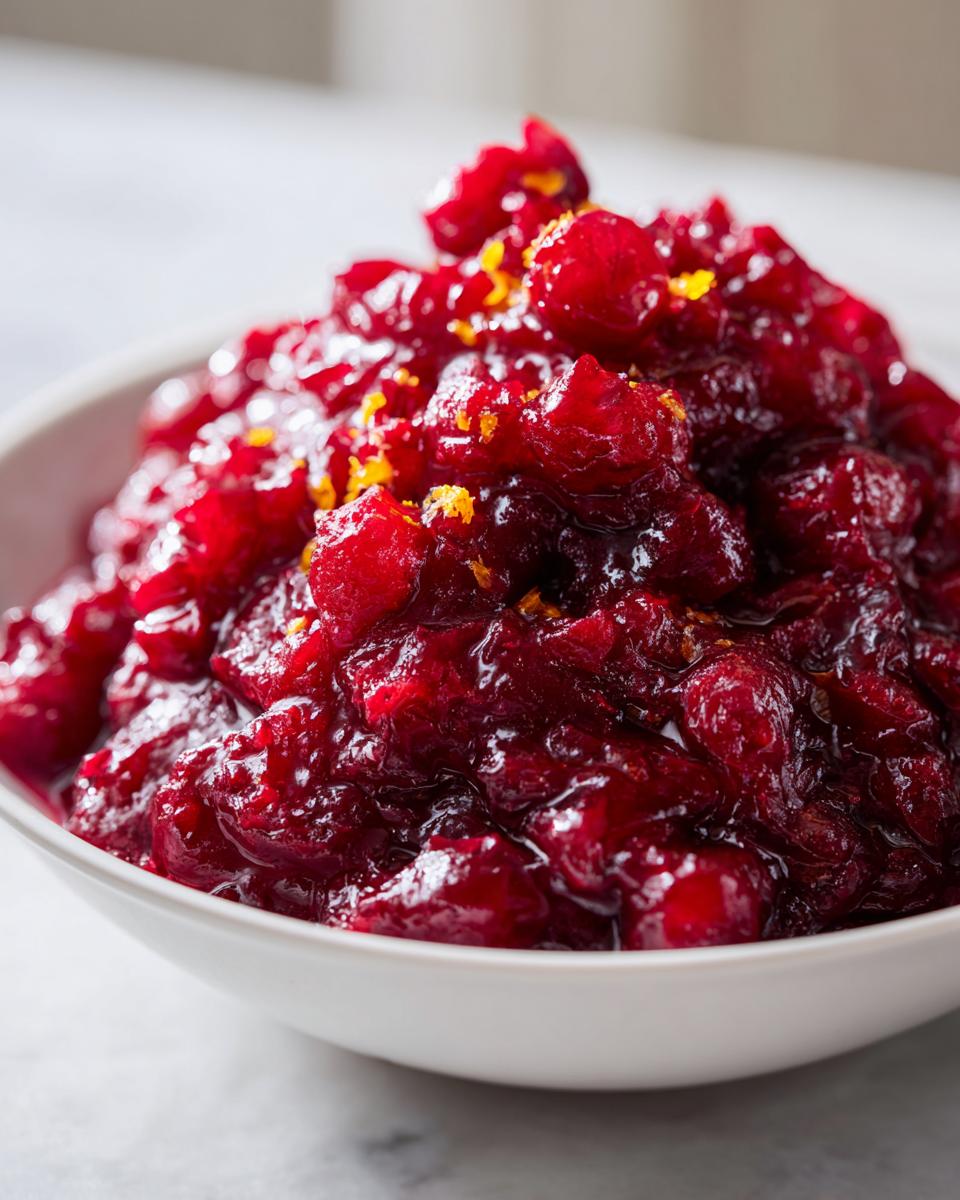 Close-up of chunky, homemade cranberry sauce topped with bright orange zest in a white bowl.