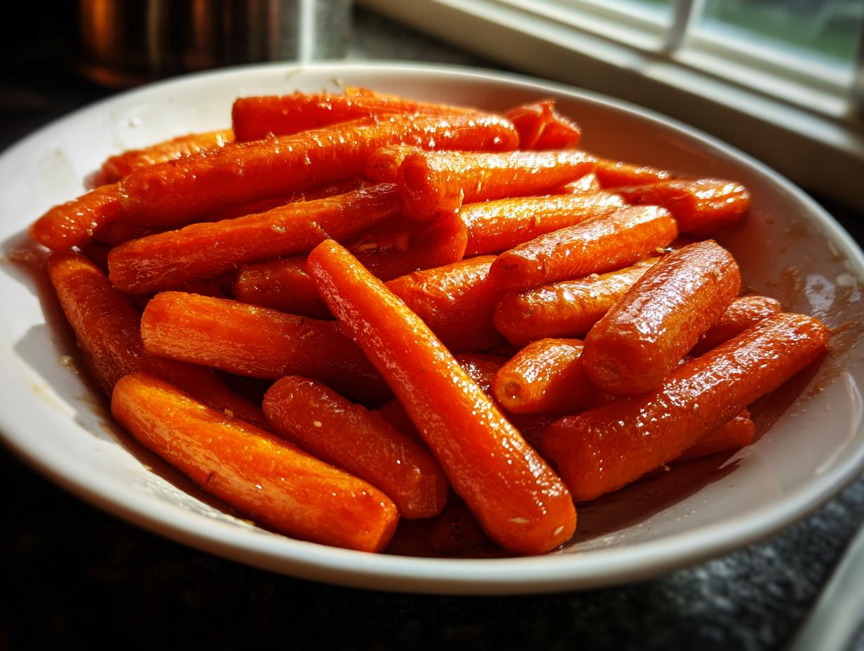 A close-up of bright orange, glossy honey glazed carrots piled high in a white serving bowl.