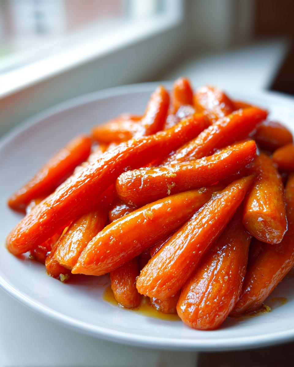 A close-up of bright orange, glossy honey glazed carrots piled on a white plate near a window.