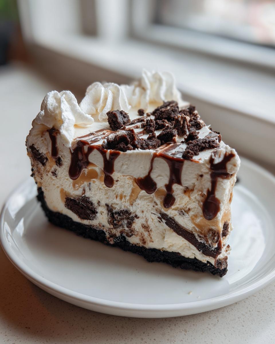 A decadent slice of no-bake ice cream pie featuring a dark crust, creamy filling, caramel swirls, and chocolate drizzle.