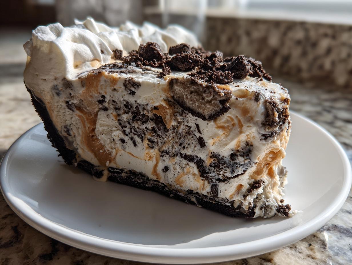 A generous slice of no-bake ice cream pie featuring a dark crust, creamy filling swirled with peanut butter and cookie chunks, topped with whipped cream.