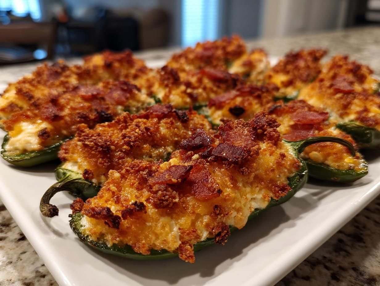 A platter of baked jalapeño poppers stuffed with creamy cheese filling and topped with crispy bacon bits.