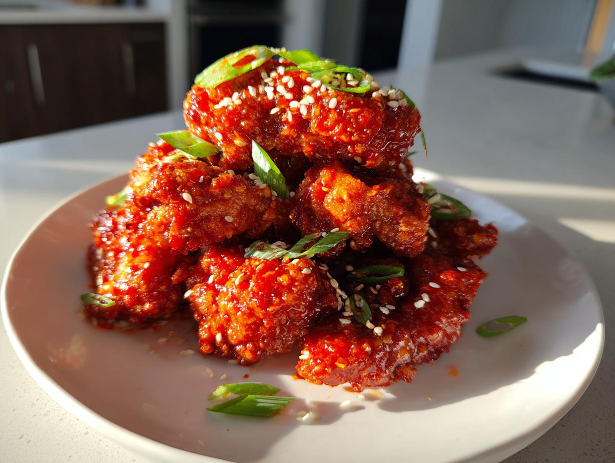 A mound of glossy, bright red Korean fried chicken pieces garnished with sesame seeds and sliced green onions.