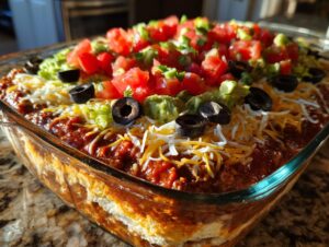 A vibrant, fully assembled 7 layer dip topped with shredded cheese, guacamole, tomatoes, and black olives.