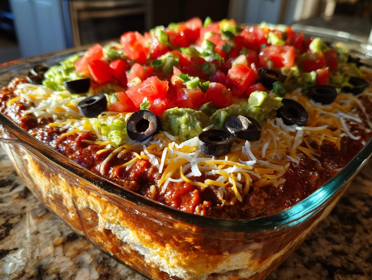 A vibrant, fully assembled 7 layer dip topped with shredded cheese, guacamole, tomatoes, and black olives.