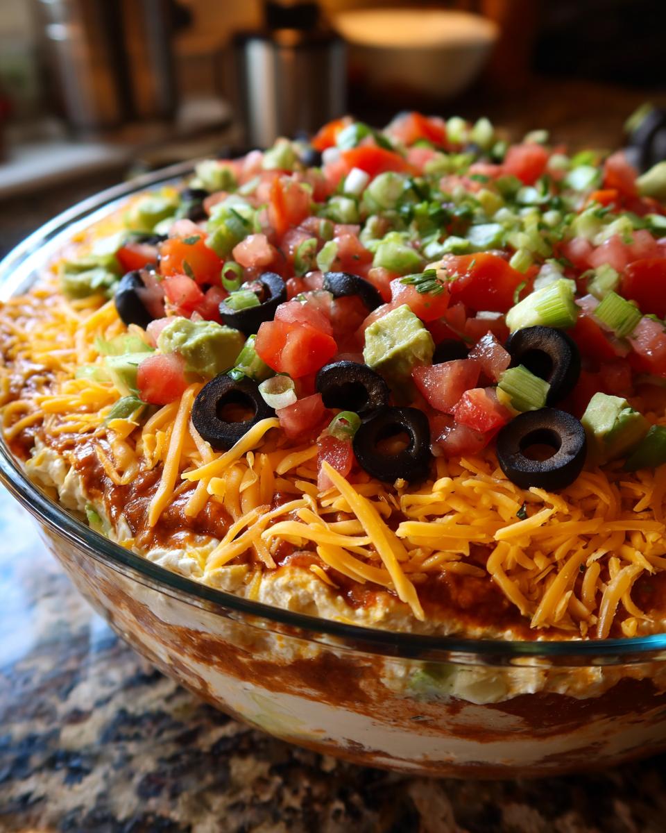 A close-up view of a beautiful 7 layer dip in a glass bowl, topped with shredded cheese, olives, tomatoes, and green onions.