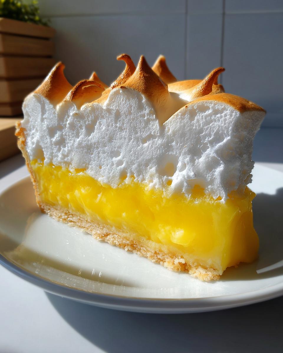 A thick slice of lemon meringue pie showing bright yellow curd, flaky crust, and tall, toasted meringue peaks.