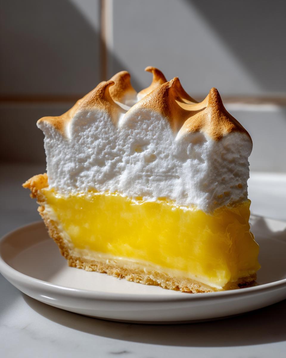 A tall, vibrant slice of lemon meringue pie showing bright yellow filling and perfectly peaked, toasted meringue.