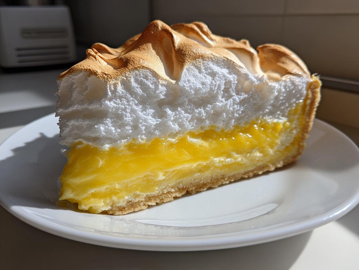 A tall, thick slice of lemon meringue pie showing bright yellow curd, white meringue, and a golden-brown toasted top.