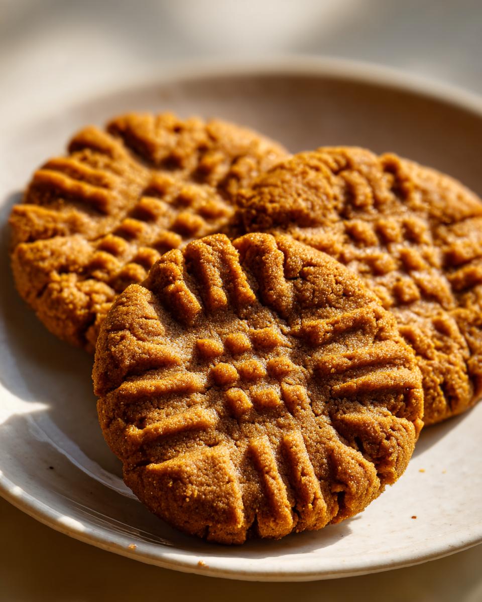 Three golden brown peanut butter cookies with classic criss-cross fork marks resting on a light-colored plate.